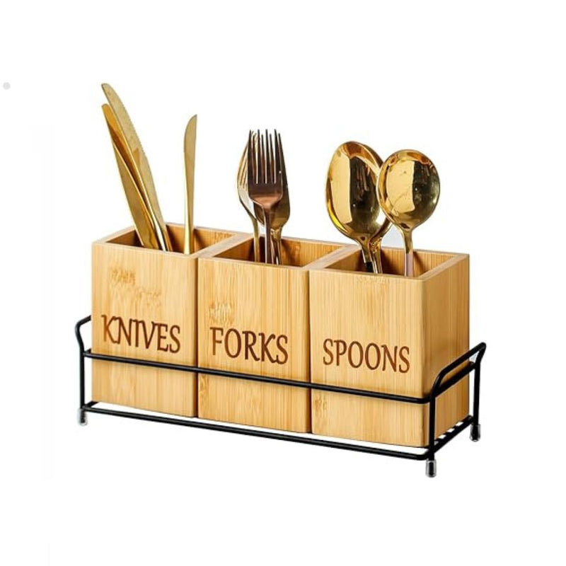 3 Bamboo Utensil Caddy with Metal Tray