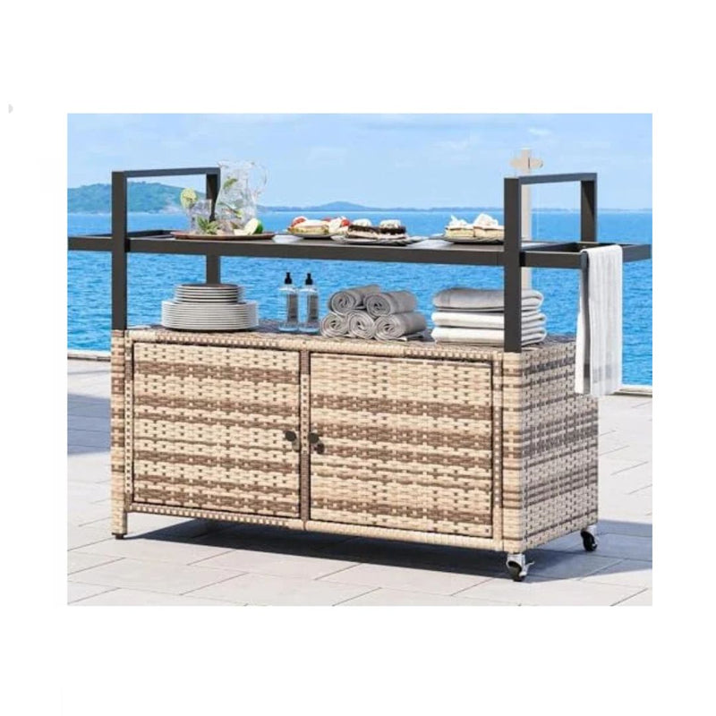 Outdoor Kitchen Wicker Rolling Island Cart