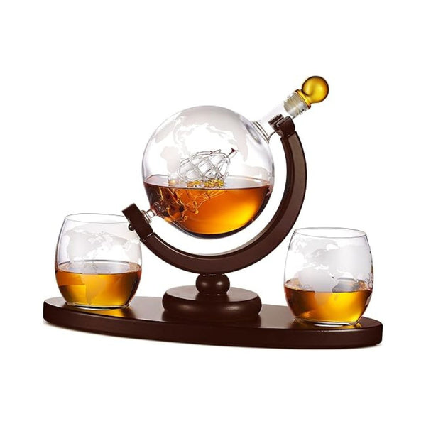 Whiskey Decanter Globe Set with 2 Etched Whiskey Glasses