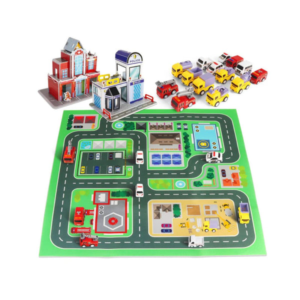 14-Piece Toy Car Playset with Mat & Puzzles