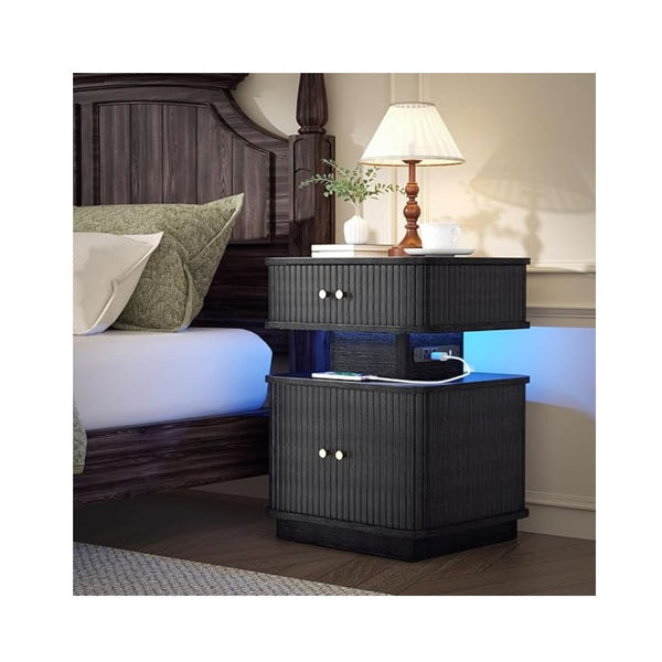 LED Nightstand with Charging Station and Drawers