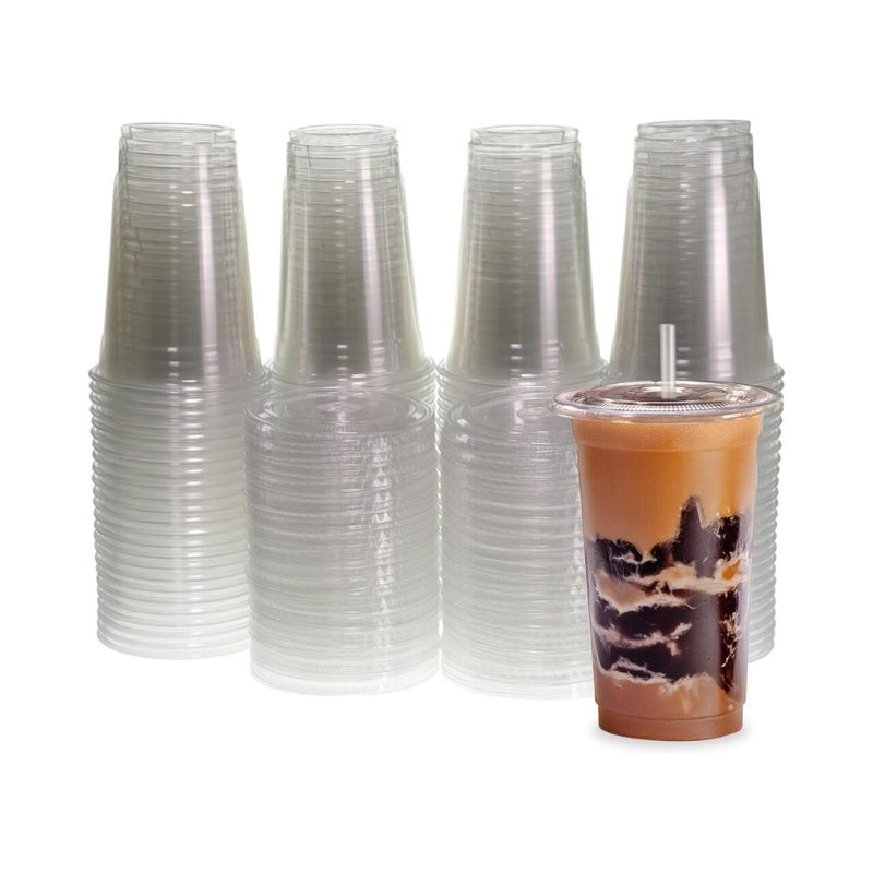 100-Count Freshware Clear Plastic Cups with Flat Lids and Straws