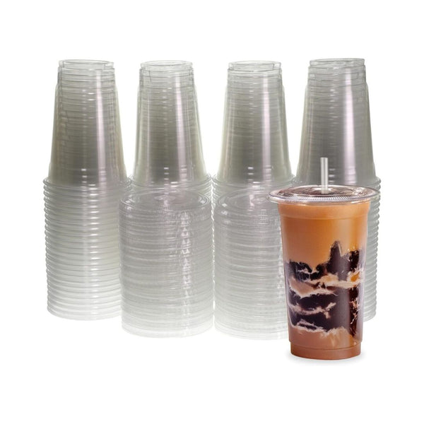 100-Count Freshware Clear Plastic Cups with Flat Lids and Straws