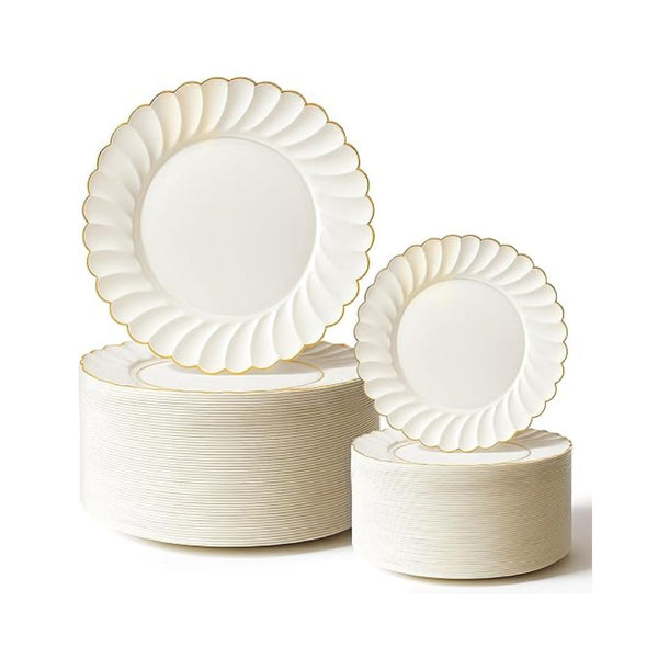 60 Pack Elegant Ivory & Gold Scalloped Plastic Plates