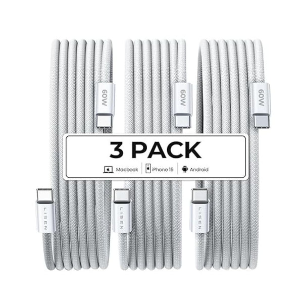 3-Pack 60W Lisen 6-Ft USB-C Cables (2 Colors)