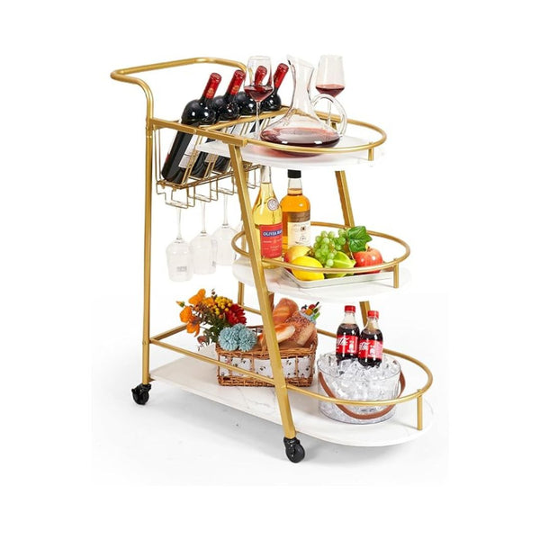3-Tier Rolling Bar Cart with Wine Rack & Holders