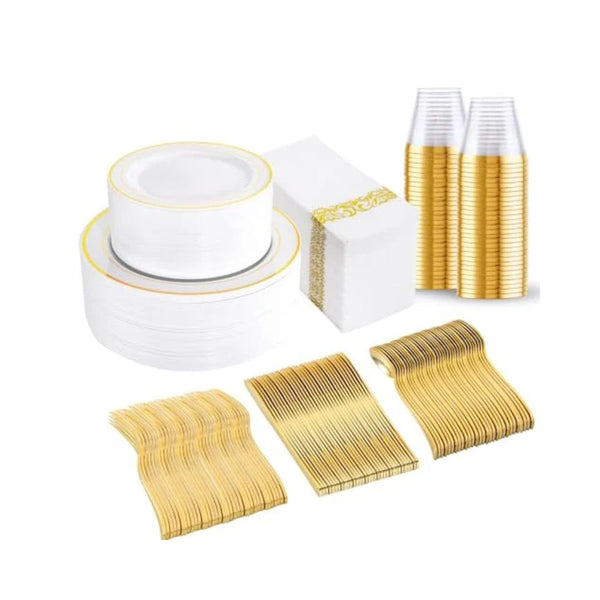 350PCS Gold Plastic Dinnerware Set