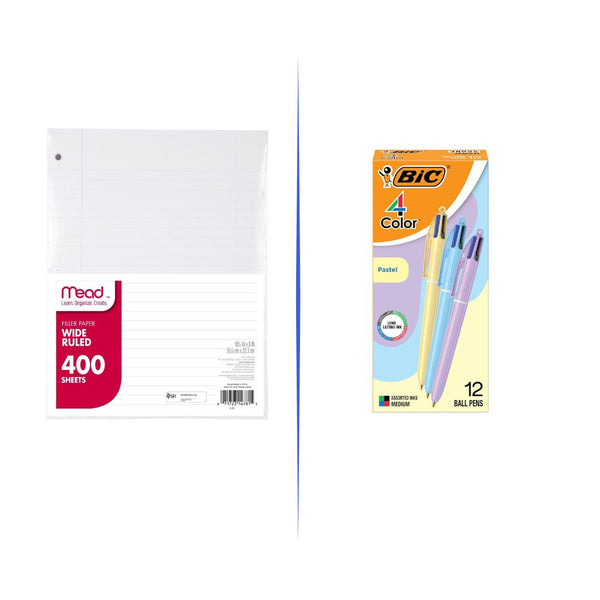 400 Sheets  Mead Loose Leaf Paper, 12-Count BIC 4 Color Pastel Ballpoint Pen