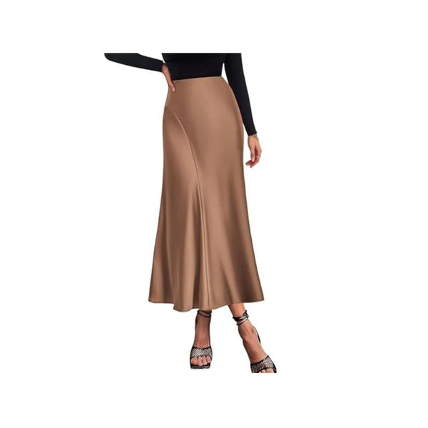 KIRUNDO High Waisted Satin A-Line Maxi Skirt
