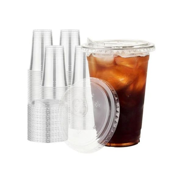 100 16oz Clear Plastic Cups with Sip Lids