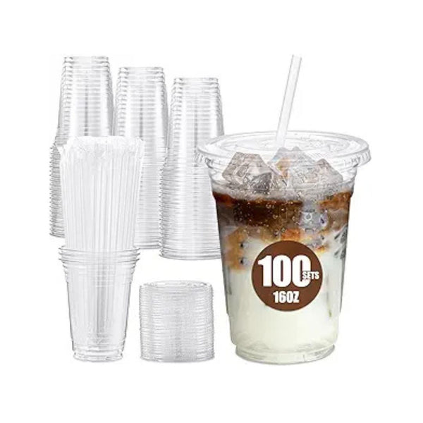 100-Set Glotoch Plastic Iced Coffee Cups with Lids and Straws
