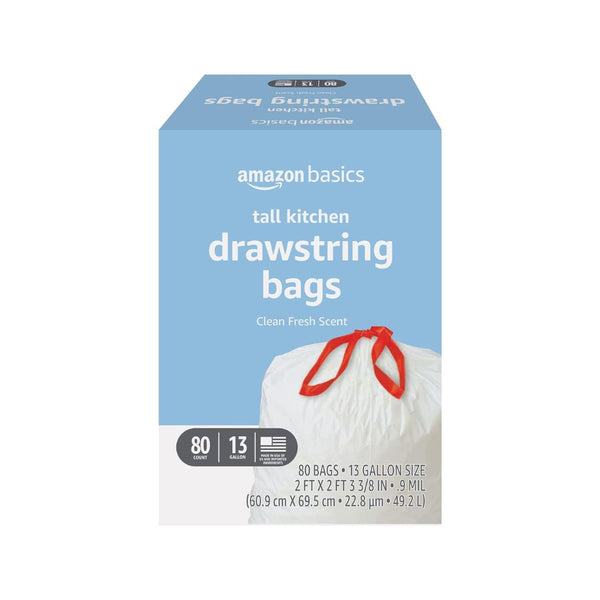 80 Amazon Basics 13 Gallon Tall Kitchen Drawstring Trash Bags