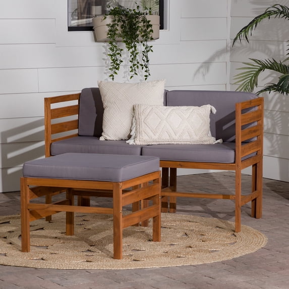 Walker Edison Modular Outdoor Acacia L/R Chairs + Ottoman