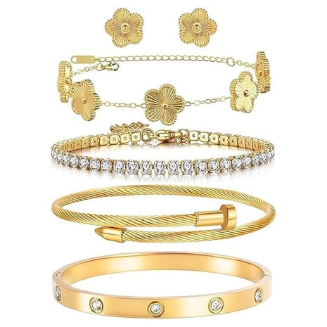 5 Piece 18K Gold Plated Bracelet & Earrings Sets