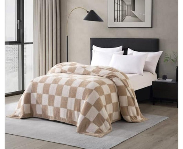 Queen Checkered Plush Knit Bed Blanket