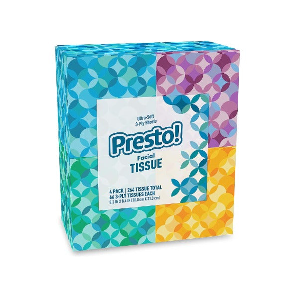 4 Cube Boxes Presto! Ultra-Soft 3-Ply Premium Facial Tissues