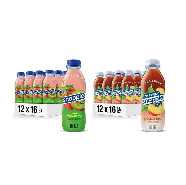 Pack of 12 Snapple Peach Tea, Zero Sugar Peach Tea or Raspberry Tea, or Kiwi Strawberry 16 Fl Oz Bottles