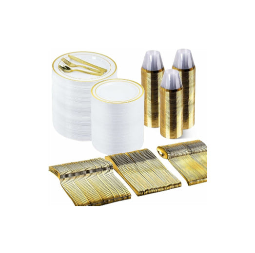600 Pcs Gold Plastic Disposable Dinnerware Set (Service for 100)