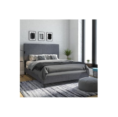 Gray Linen Queen Upholstered Platform Bed with Modern Vertical Stitching