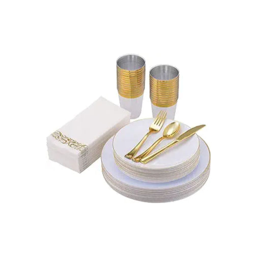 175-Pc Gold Rim Plastic Disposable Dinnerware Set