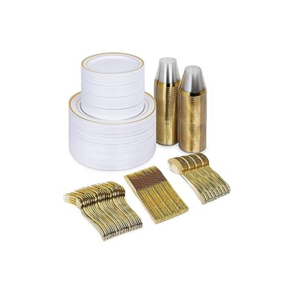 600 Pcs Gold Plastic Disposable Dinnerware Set (Service for 100)