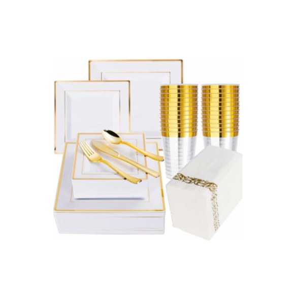 350 Pcs Gold Plastic Disposable Dinnerware Set
