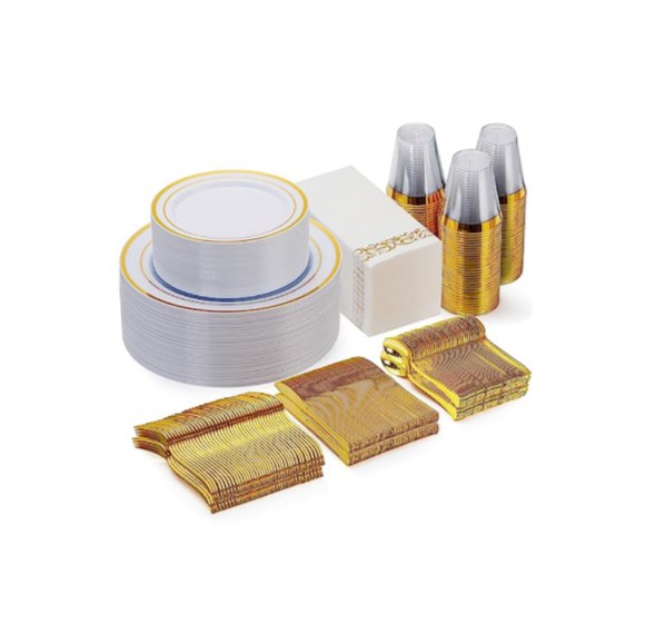 350 Piece Gold 50 Guest Disposable Plastic Dinnerware Set
