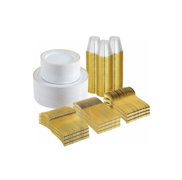 600 Pcs Gold Rimmed Plastic Disposable Dinnerware Set