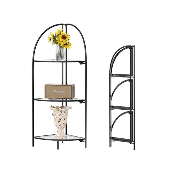 3 Tier Foldable Metal Corner Shelf Plant Stand With Transparent Shelves (Black Or White)