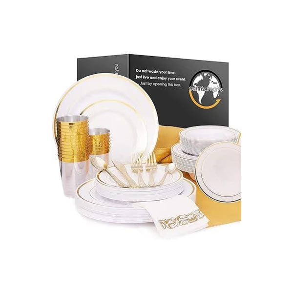 301-Pcs (25 Guest) Gold Plastic Disposable Dinnerware Set