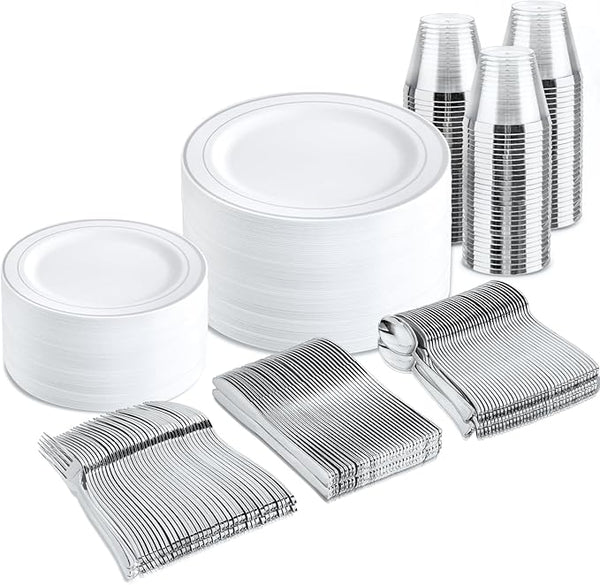 300-Pcs Silver Disposable Plastic Dinnerware Set