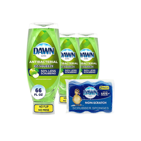 3-Pack Dawn Antibacterial EZ-Squeeze Liquid Dish Soap + 2-Pack Scrubber Sponges