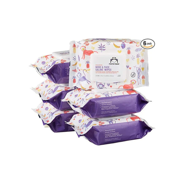 6 Packs of Amazon Brand Mama Bear Saline Nose and Face Baby Wipes