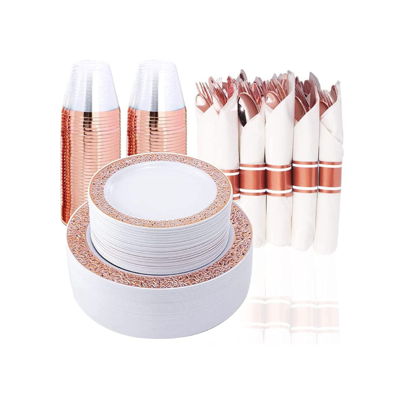 350 Pcs Rose Gold Plastic Dispoable Dinnerware Set with Pre Rolled Cutlery