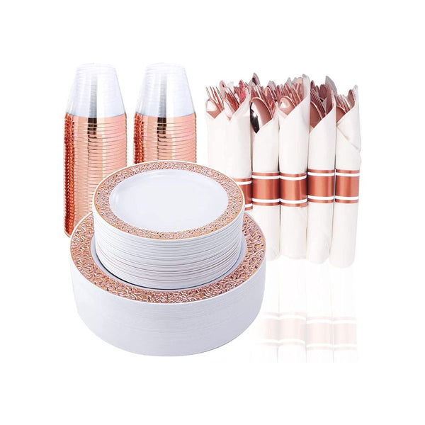 350 Pcs Rose Gold Plastic Dispoable Dinnerware Set with Pre Rolled Cutlery