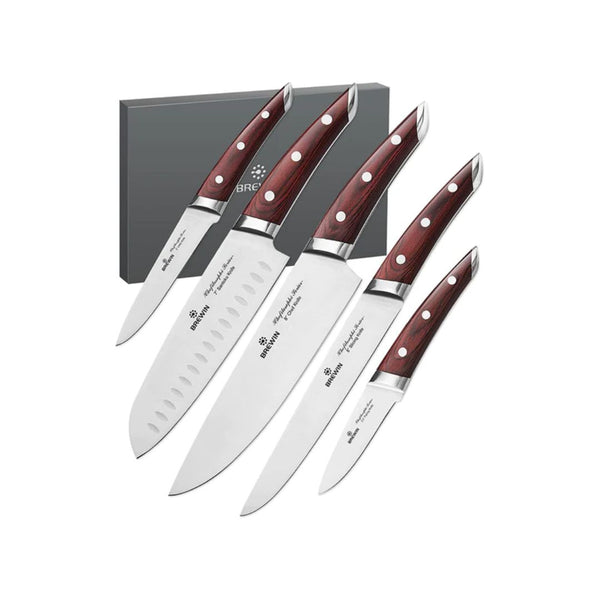5 Chef Ultra Sharp Kitchen Knives With Red Pakkawood Handles