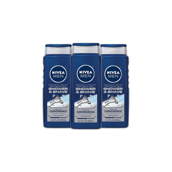 3 Bottles Of Nivea Men Shower & Shave Body Wash, Shampoo With Moisture