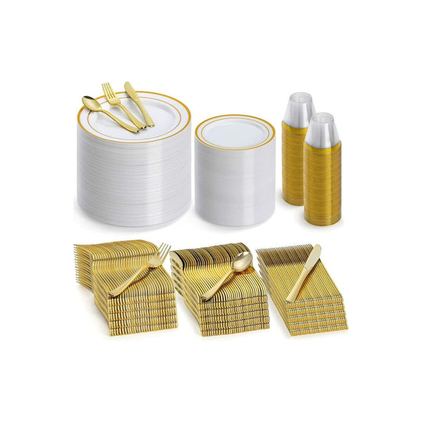 600 Pcs Gold Plastic Disposable Dinnerware Set for (Service for 100)