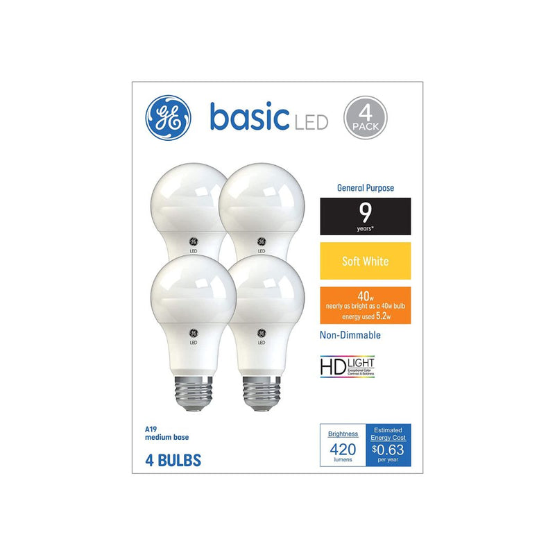 4 Pack GE Basic LED 40 Watt Eqv, Soft White, A19 Standard Bulbs