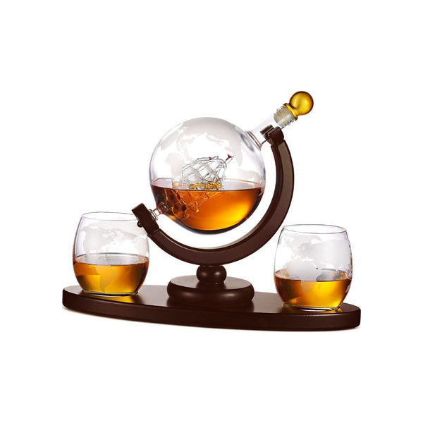 Godinger Whiskey Decanter Globe Set with 2 Etched Whiskey Glasses