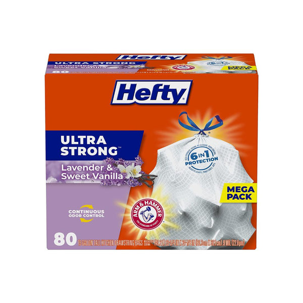 80-Count Hefty Ultra Strong Tall Kitchen Trash Bags, Lavender & Sweet Vanilla Scent, 13 Gallon