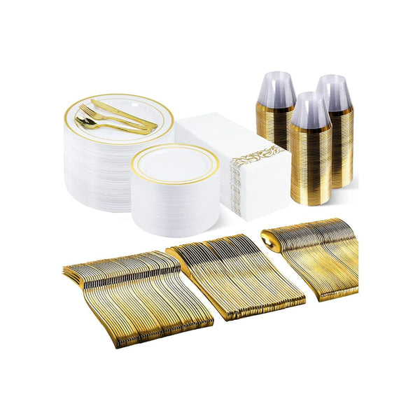 350 Piece Gold Dinnerware Set for 50 Guests, Plastic Plates Disposable for Party