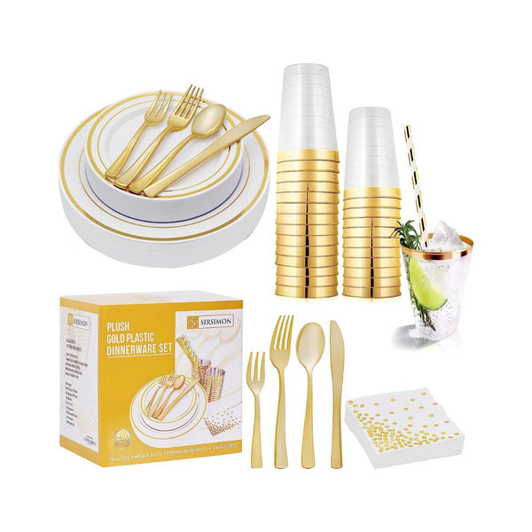 250 Piece Disposable Gold Plastic Dinnerware Set (25 Person Set)