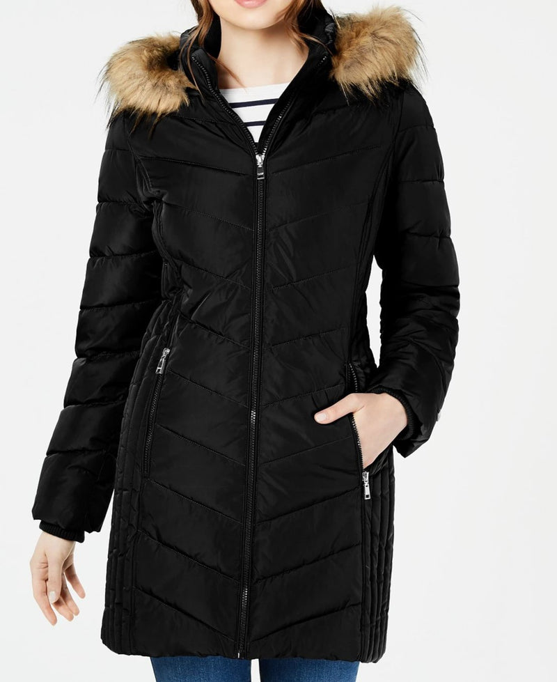 Chevron Faux-Fur Trim Hooded Puffer Coat (6 Colors)  Via Macys