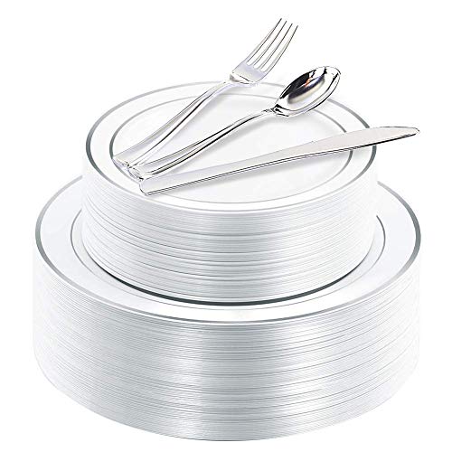 200 Pieces Silver Disposable Plates with Plastic Silverware Via Amazon