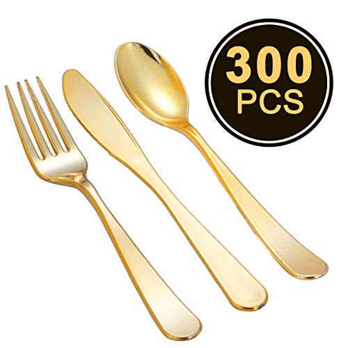 300 Pcs Gold Plastic Silverware, Disposable Flatware, for 100 Guest Via Amazon