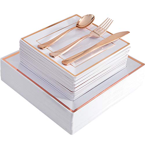 120 Pieces Rose Gold Plates with Disposable Silverware Via Amazon