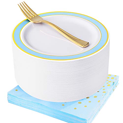 50Pcs Blue with Gold Disposable Dessert Plates + 50Pc Napkins & 50pc Gold Forks Via Amazon