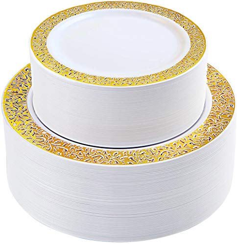 120 Pieces Gold Plastic Plates, Lace Design Includes: 60 Dinner Plates  and 60 Dessert Plates Via Amazon