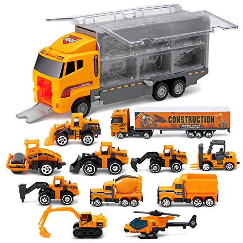 Die-Cast Engineering Construction Carrier Truck, 11 Mini Play Vehicles Included Via Amazon